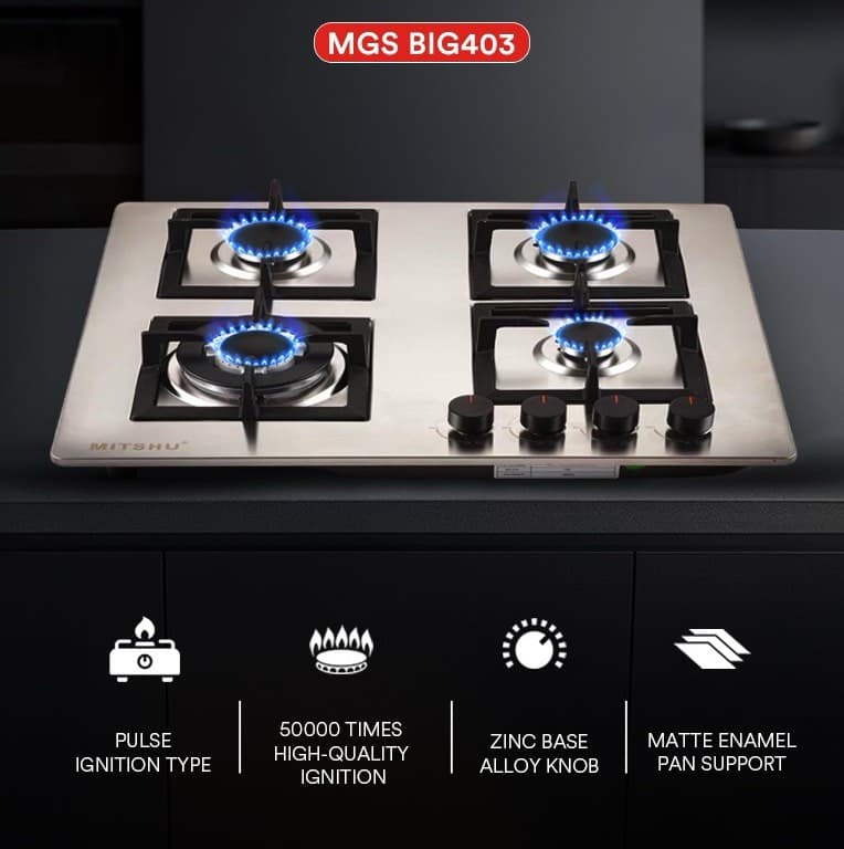 Built-In 4 Burner Gas Stove BISS403 - Premium Silver Stainless Steel Gas Hob