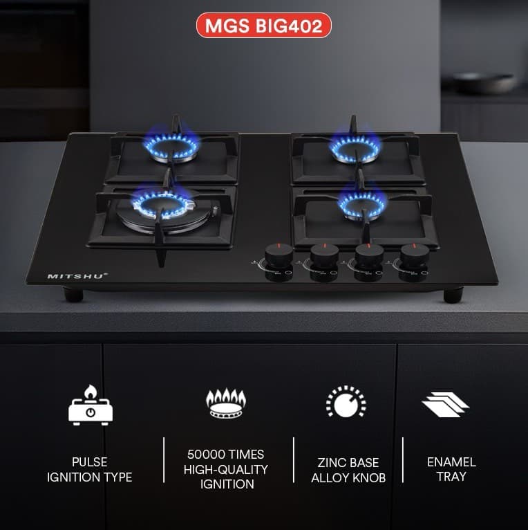 Built-In 4 Burner Gas Stove BIG402 - Stainless Steel Silver Gas Hob with Auto Ignition