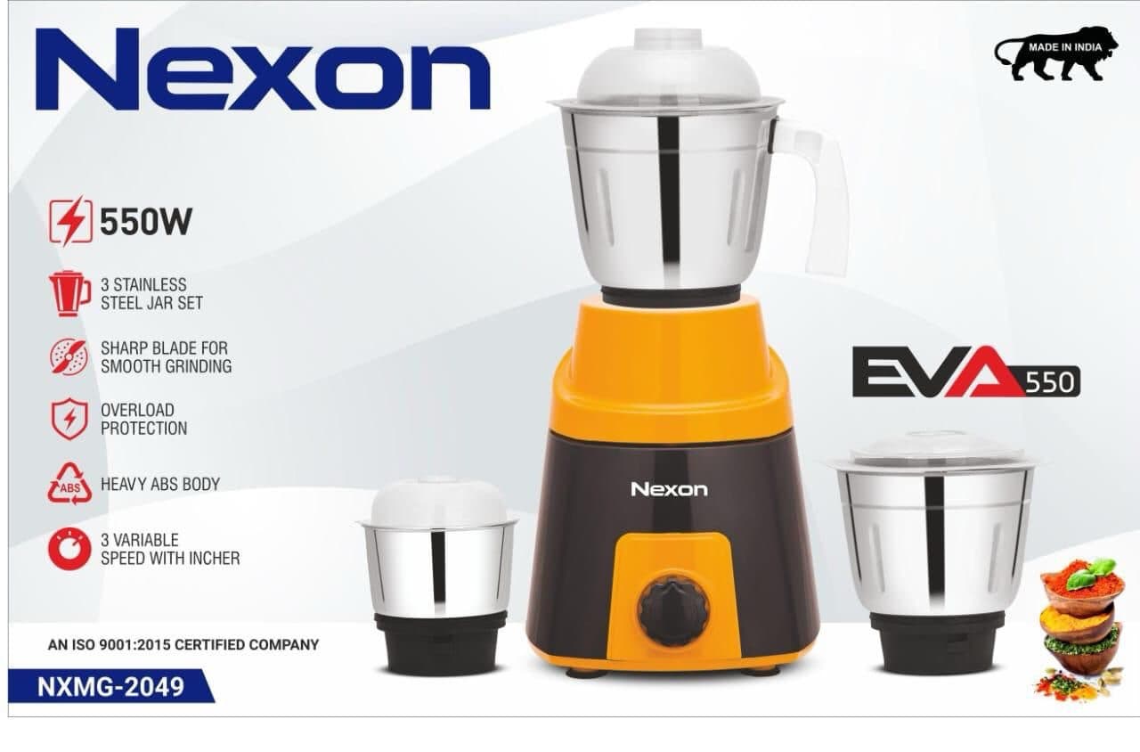 Nexon EVA 550W Mixer Grinder (NXMG-2049) - 3-Jar Stainless Steel Set with 1-Year Warranty